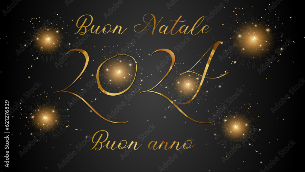 tarjeta o pancarta para desear una Feliz Navidad y un Feliz Año Nuevo 2024 en oro sobre un fondo negro con brillo y estrellas doradas