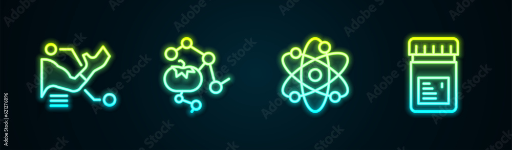 Set line Prosthesis hand, Genetically modified food, Atom and Jar with additives. Glowing neon icon. Vector Set line Prosthesis hand, Genetically modified food, Atom and Jar with additives. Glowing neon icon. Vector