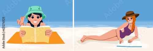 book woman reading beach vector. summer vacation, young sand, hat adult book woman reading beach character. people flat cartoon illustration