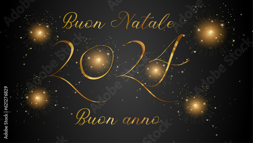 tarjeta o pancarta para desear una Feliz Navidad y un Feliz Año Nuevo 2024 en oro sobre un fondo negro con brillo y estrellas doradas