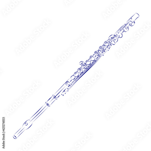 Continuous line drawing of a modern flute, isolated on white. Hand drawn, vector illustration