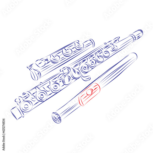 Continuous line drawing of the component parts of a modern flute, isolated on white. Hand drawn, vector illustration