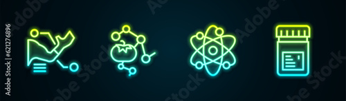 Set line Prosthesis hand, Genetically modified food, Atom and Jar with additives. Glowing neon icon. Vector