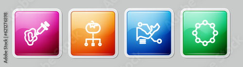 Set line Syringe, Genetically modified food, Prosthesis hand and Chemical formula. Colorful square button. Vector