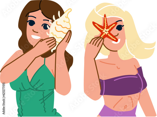 holiday woman seashell beach vector. sea vacation, travel ocean, female relax holiday woman seashell beach character. people flat cartoon illustration