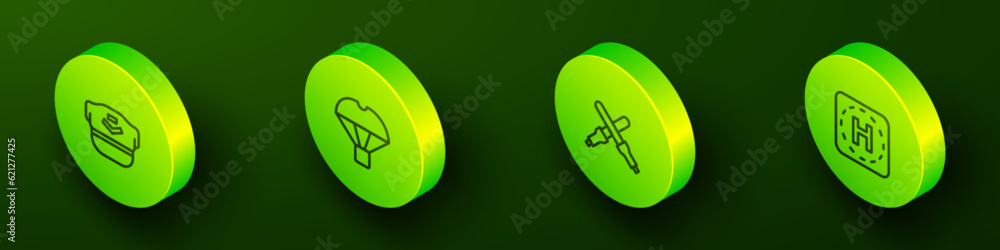 Set Isometric line Pilot hat, Box flying on parachute, Marshalling wands and Helicopter landing pad icon. Vector Set Isometric line Pilot hat, Box flying on parachute, Marshalling wands and Helicopter landing pad icon. Vector