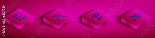 Set Isometric line Airport runway, Marshalling wands, Router wi-fi signal and board icon. Vector