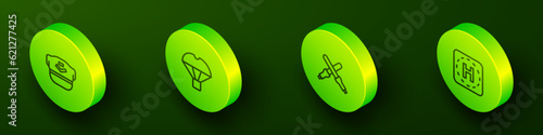 Set Isometric line Pilot hat, Box flying on parachute, Marshalling wands and Helicopter landing pad icon. Vector