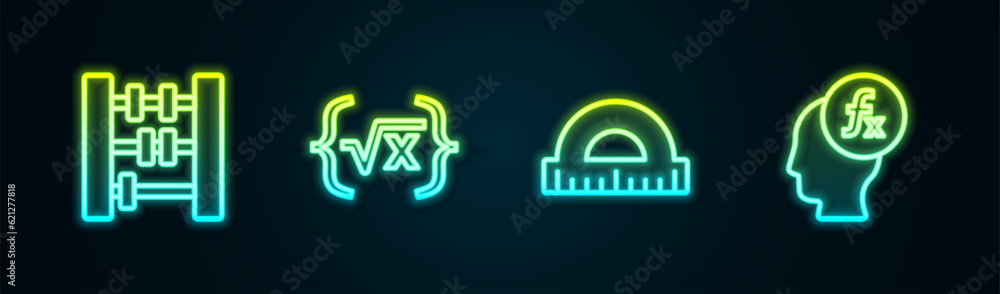 Set line Abacus, Square root of x glyph, Protractor and Function mathematical symbol. Glowing neon icon. Vector Set line Abacus, Square root of x glyph, Protractor and Function mathematical symbol. Glowing neon icon. Vector