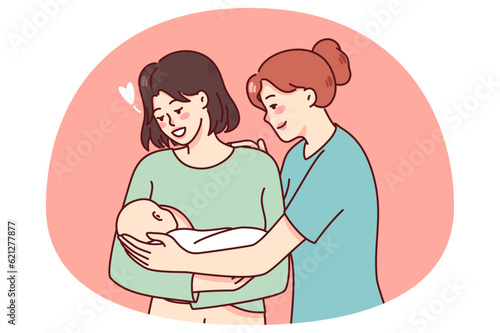 Happy nurse and young mother holding newborn baby on hands. Smiling mom meeting child infant have comfort from doctor. Motherhood concept. Flat vector illustration.