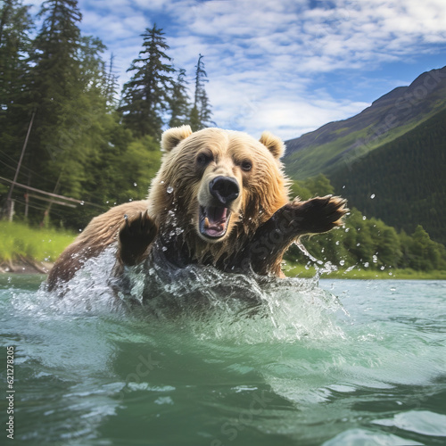 Bear swims and dives in the water