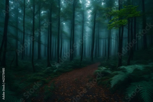 A dense forest with a mysterious fog rolling in.