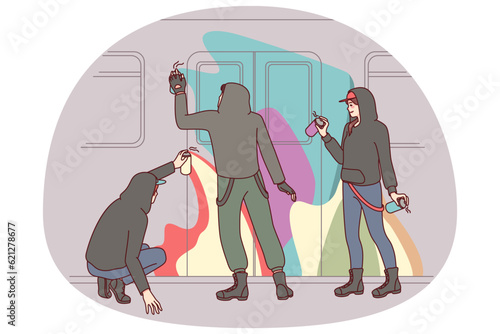 People painting subway train with graffiti. Vandals drawing subculture art with aerosol paints on train. Vandalism and sabotage concept. Vector illustration.