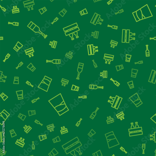 Set line Opened bottle of wine, Glass vodka and Pack beer bottles on seamless pattern. Vector