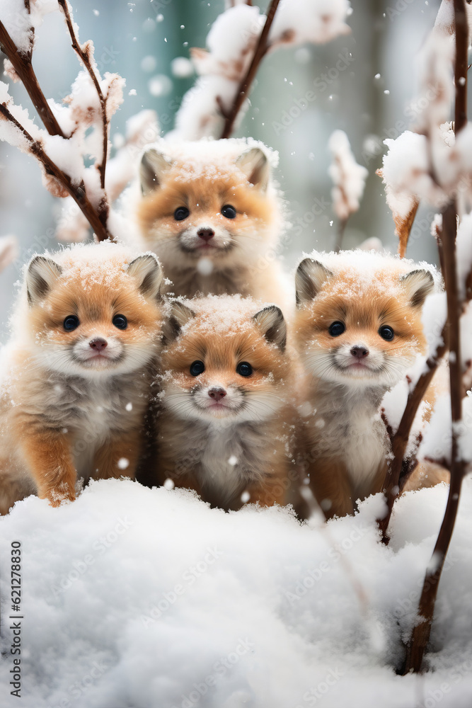 Obraz premium Small group of tiny and cute foxes in the snow