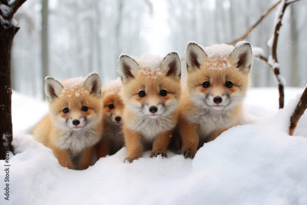 Obraz premium Small group of tiny and cute foxes in the snow