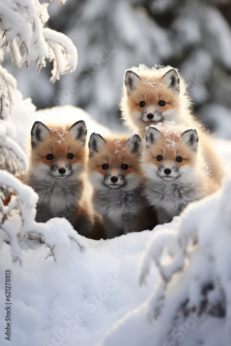 Small group of tiny and cute foxes in the snow