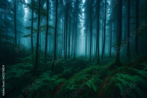 A dense forest with a mysterious fog rolling in. © Muhammad