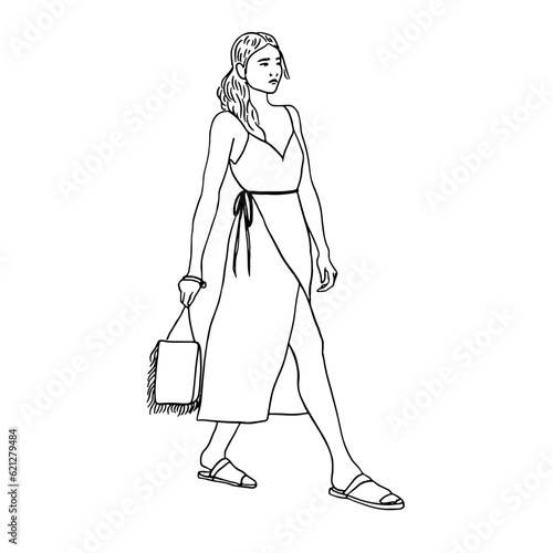 Continuous line drawing of girl with summer outfit and bag trendy isolated on white background minimalism design