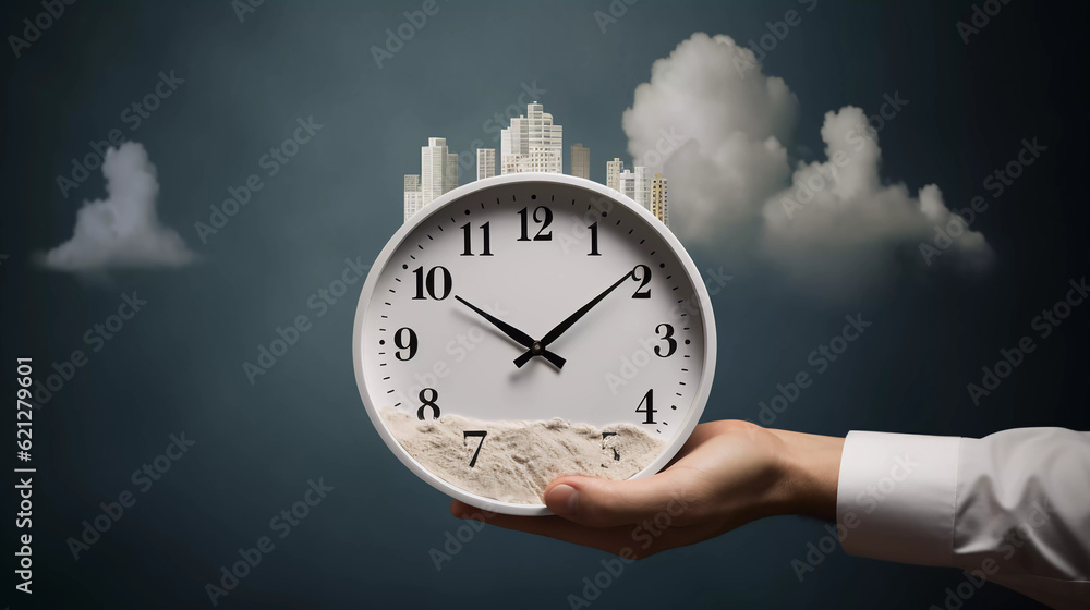 Alarm clock on fluffy white clouds and hand, Black background, time management concept, time of life, relax time to travel, deadline, generative ai