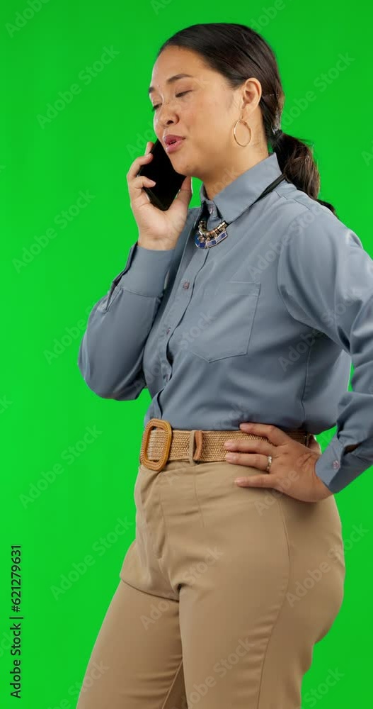 Phone call, smile and hello with business woman on green screen for networking, communication and professional. Contact, feedback and conversation with employee on studio background for connection Phone call, smile and hello with business woman on green screen for networking, communication and professional. Contact, feedback and conversation with employee on studio background for connection