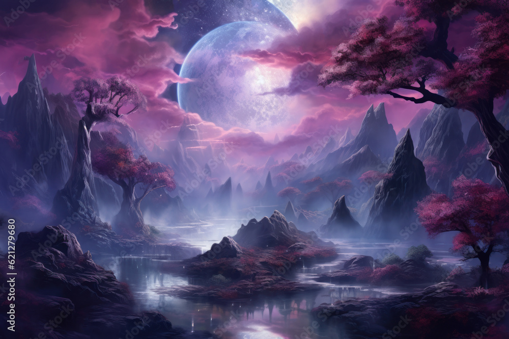 Surrealistic and Dreamlike landscape wallpaper in purple tones background.