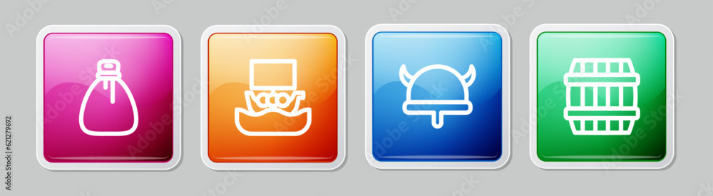 Set line Old money bag, Viking ship Drakkar, horned helmet and Wooden barrel. Colorful square button. Vector Set line Old money bag, Viking ship Drakkar, horned helmet and Wooden barrel. Colorful square button. Vector