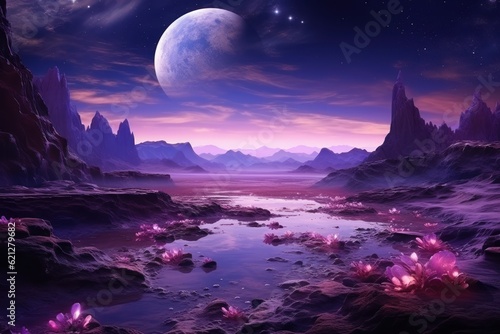 Surrealistic and Dreamlike landscape wallpaper in purple tones background.