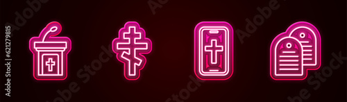 Set line Church sermon tribune, Christian cross, phone and Holy bible book. Glowing neon icon. Vector