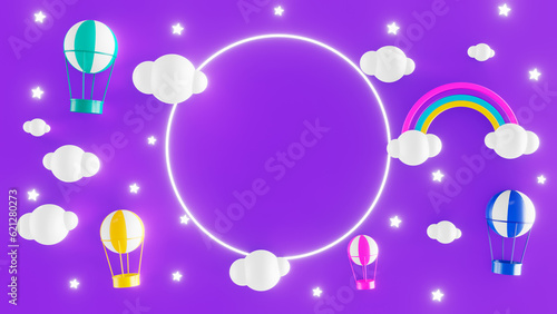 Cartoon purple background with clouds  rainbow and air balloons 