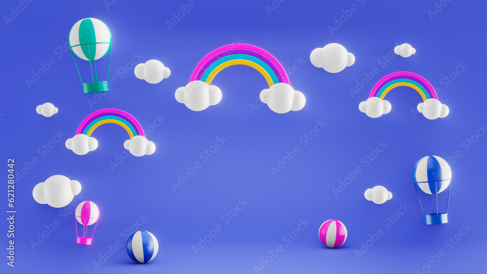 Cartoon blue background with clouds, rainbow and air balloons
Cartoon blue background with clouds, rainbow and air balloons