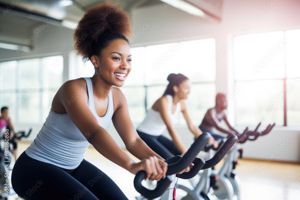 Group fitness class , featuring participants engaged in an energetic workout, such as spinning, aerobics, set against a bright, gym studio background Group fitness class , featuring participants engaged in an energetic workout, such as spinning, aerobics, set against a bright, gym studio background