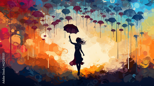 Desenho pisicodélico colorido liberdade e diversão, silhueta de mulheres voando com balões e guarda-chuva