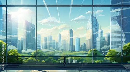 Eco green city view though window in office or workplace background. 
