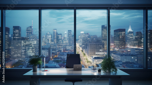 Eco green city view though window in office or workplace background. 