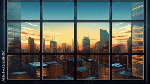 Eco green city view though window in office or workplace background.