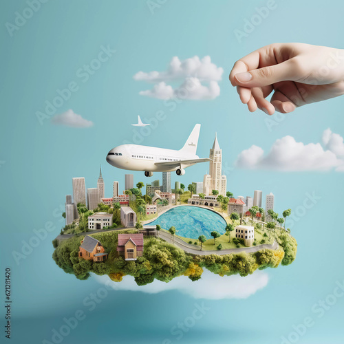 Time to travel concept, human hand holding a city scenery with clouds, and airplane, Small world, photo use for travel concept illustration, advertising, poster, cover, Generative ai.