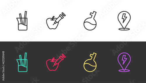 Set line Laboratory glassware, Genetically modified apple, Test tube and Lightning bolt on black and white. Vector