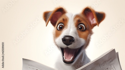 Funny dog with newspaper on beige background, close-up. Generative AI.