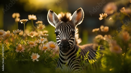 Baby zebra in the grass with daisies and sunlight. Generative AI.