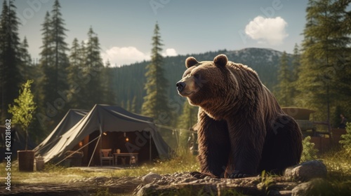 Generative AI. The problem danger of feeding wild animals and the bear coming out to people. A brown bear came to a camping camp of tourists in the mountains in search of food. © Nikolai