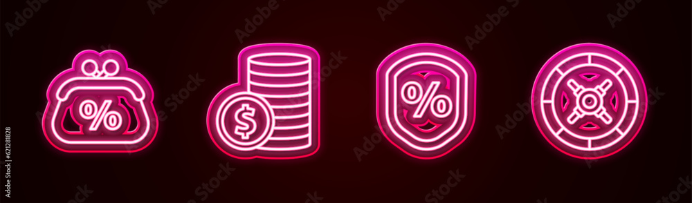 Set line Purse money percent, Coin with dollar, Loan and Safe. Glowing neon icon. Vector Set line Purse money percent, Coin with dollar, Loan and Safe. Glowing neon icon. Vector