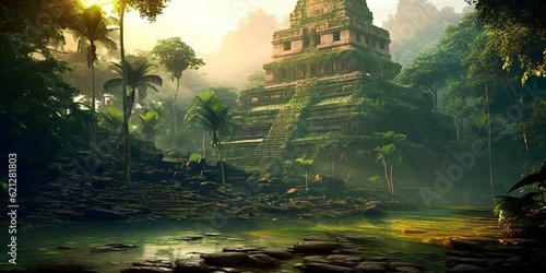 ancient and overgrown mayan temple ruins in the jungle  lost place in the amazon rainforest  fictional landscape created with generative ai