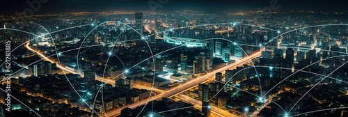 Cityscape network concept, Futuristic Data City Skyscrapers. Metaverse smart technology Business concept. Internet Connections, global technological communication network. generative ai