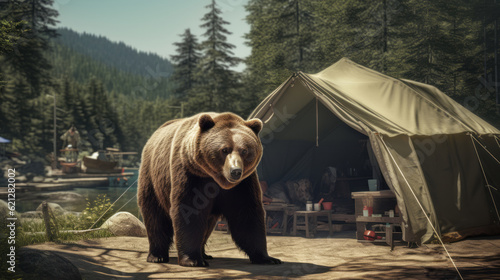 Generative AI. The problem danger of feeding wild animals and the bear coming out to people. A brown bear came to a camping camp of tourists in the mountains in search of food.