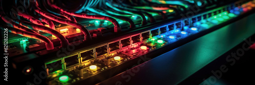 Network Switches and Ethernet Cables in Data Center: Seamless Connectivity for High-Speed Networking. Close-Up Neon Fiber Optic and Hub Server Room. Reliable LAN Internet Cables. Efficient Management