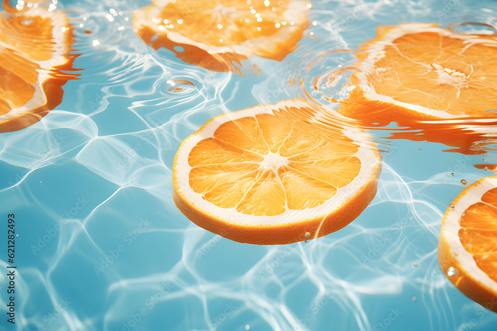 Oranges floating in blue water, a refreshing summer image. AI generated Oranges floating in blue water, a refreshing summer image. AI generated