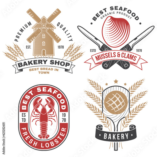 Set of Bakery and seafood badges. Vector. For emblem, sign, patch, shirt, menu restaurants with rolling pin, windmill, wheat ears, tuna, trout, shrimp, octopus crab mussels and clams.
