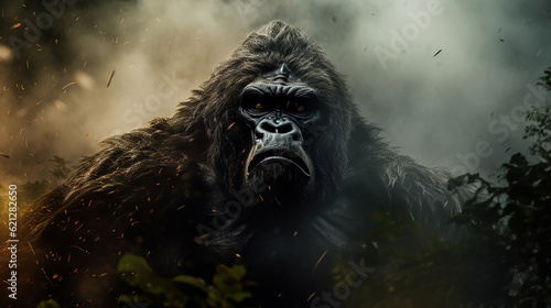 gorila determinado na tempestade da floresta