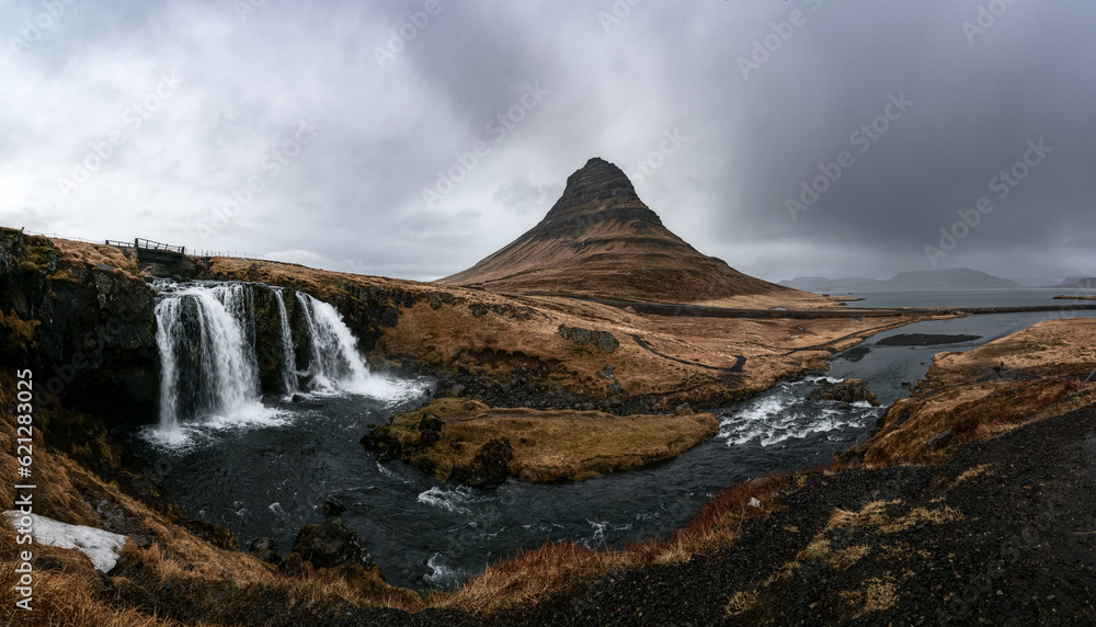 Panoramic of Kirkjufell with waterfall in Iceland 